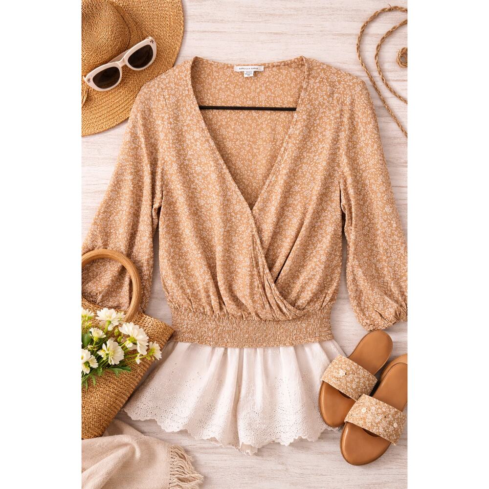 American Eagle Spring Floral Print Wrap blouse smocked waist- Medium